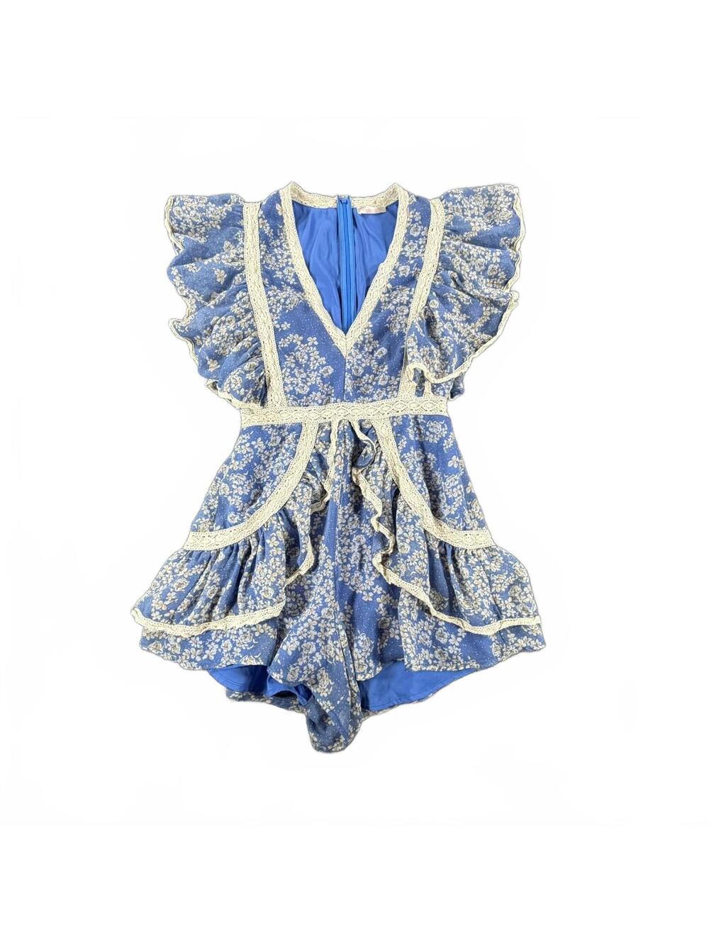 Women's Luxxel Blue Floral Ruffle Romper – Boho Lace Trim, Size S